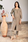 Linen Bloom_Grey Pure Linen Embroidery Round Tunic _Online_at_Aza_Fashions