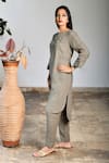 Linen Bloom_Grey Pure Linen Embroidery Round Tunic _Online_at_Aza_Fashions