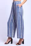 Shop_Linen Bloom_Blue 100% Linen Printed Digital Striped Pant _at_Aza_Fashions