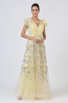 Buy_Geisha Designs_Yellow Nylon And Rayon Applique & Embroidery Crystal Lara Cocktail Gown  _at_Aza_Fashions