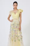 Buy_Geisha Designs_Yellow Nylon And Rayon Applique & Embroidery Crystal Lara Cocktail Gown  _Online_at_Aza_Fashions