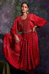 5elements_Red Modal Satin Printed Bandhani Round And Hand Stitched Anarkali & Pant Set _Online_at_Aza_Fashions