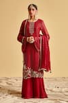 Lahario_Maroon Kurta And Dupatta Georgette Embroidery Zardozi Round Set _Online_at_Aza_Fashions