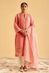 Buy_Lahario_Pink Kurta Linen Foil Embroidered Lace Mandarin Collar Work Set _at_Aza_Fashions