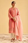 Shop_Lahario_Pink Kurta Linen Foil Embroidered Lace Mandarin Collar Work Set _at_Aza_Fashions