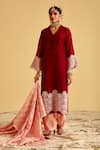 Lahario_Maroon Kurta Linen Jute Embroidered Lace V Neck Work Set _Online_at_Aza_Fashions