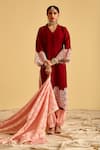 Buy_Lahario_Maroon Kurta Linen Jute Embroidered Lace V Neck Work Set _Online_at_Aza_Fashions