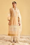 Lahario_Peach Kurta Chanderi Silk Embroidered Lace V Neck Work Set _Online_at_Aza_Fashions