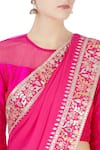 Buy_Surendri_Pink Embroidered Gota Work Round Neck Patti Border Saree _Online_at_Aza_Fashions