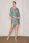 Amrta By Guneet Kondal_Blue Viscose, Modal Sequins, Cut Work Collared Wing Embroidered Shirt Dress _Online_at_Aza_Fashions