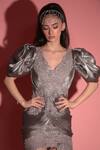 Buy_Geisha Designs_Grey Polyester Embroidered Floral V Neck Carla Dress  _Online_at_Aza_Fashions