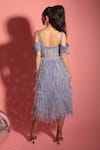 Shop_Geisha Designs_Blue Nylon Embroidered Floral V Neck Chrishell Feather Dress  _at_Aza_Fashions