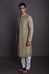 GRAM OF INK_Beige Matka Silk Embroidery Thread Floral Sherwani Set  _Online_at_Aza_Fashions