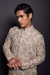 GRAM OF INK_Beige Jacket - Matka Silk Embroidery Thread And Sequin Floral Jodhpuri Set _at_Aza_Fashions