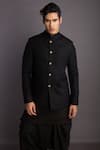 GRAM OF INK_Black Jacket - Matka Silk Solid Bandhgala With Cowl Pant  _Online_at_Aza_Fashions