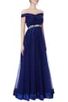 Neha Gursahani_Blue Net Solid One Shoulder Flared Off Gown For Women_Online_at_Aza_Fashions