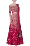 Vandana Sethi_Pink Raw Silk Embroidered Zari Carmen Neck Lehenga Set _Online_at_Aza_Fashions