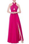 Buy_Saisha Shinde_Pink Flat Chiffon Silk Solid Halter Neck Slit Gown For Women_at_Aza_Fashions