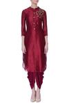 Shop_Desert Shine by Sulochana Jangir_Wine Taffeta Silk Embroidered Peacock Band Collar Kurta  _Online_at_Aza_Fashions