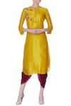 Buy_Desert Shine by Sulochana Jangir_Yellow Taffeta Silk Embroidered Floral Band Collar Kurta  _at_Aza_Fashions