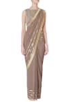 Rajat & Shraddha_Brown Georgette Embroidered Boat Taupe Pre-draped Saree With Blouse _Online_at_Aza_Fashions