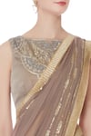Buy_Rajat & Shraddha_Brown Georgette Embroidered Boat Taupe Pre-draped Saree With Blouse _Online_at_Aza_Fashions