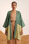 Shop_Cord_Green Linen Cape Open And Crop Top Square June & Pant Set _Online_at_Aza_Fashions