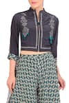Buy_Soup by Sougat Paul_Grey Crepe Printed Floral Charcoal Jacket And Double Layer Pants For Women_Online_at_Aza_Fashions