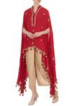 Buy_Aqube by Amber_Red Georgette Silk Embroidered Mirror Work Asymmetrical Cape Tunic For Women_at_Aza_Fashions