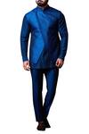 Buy_Kunal Anil Tanna_Blue Spun Silk Patchwork Asymmetric Bundi And Kurta Set For Men_at_Aza_Fashions