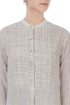 Urvashi Kaur_Beige Handwoven Cotton Chequered Band Collar Tunic And Palazzo Set For Women_at_Aza_Fashions