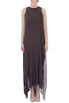 Shop_Urvashi Kaur_Black Crinkle Cotton Plain Na Round Neck Asymmetric Dress For Women_Online_at_Aza_Fashions