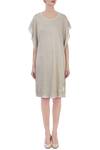 Shop_Urvashi Kaur_Grey Silk Linen Printed Checks Round Organic Handwoven Cotton Dress For Women_Online_at_Aza_Fashions