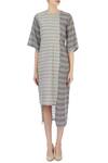 Shop_Urvashi Kaur_Grey Organic Handwoven Cotton Stripes Round Dress For Women_Online_at_Aza_Fashions