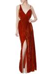 Buy_Deme by Gabriella_Orange V Neck Velvet Slit Gown For Women_at_Aza_Fashions
