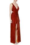 Deme by Gabriella_Orange V Neck Velvet Slit Gown For Women_Online_at_Aza_Fashions