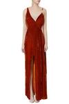 Shop_Deme by Gabriella_Orange V Neck Velvet Slit Gown For Women_Online_at_Aza_Fashions