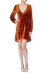 Buy_Deme by Gabriella_Orange V Neck Velvet Wrap Dress For Women_at_Aza_Fashions