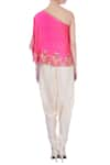 Shop_Maison Blu_Pink Embroidered Asymmetric One Shoulder Top And Dhoti Pant Set _at_Aza_Fashions