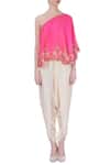 Shop_Maison Blu_Pink Embroidered Asymmetric One Shoulder Top And Dhoti Pant Set For Women_Online_at_Aza_Fashions