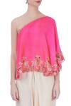 Maison Blu_Pink Embroidered Asymmetric One Shoulder Top And Dhoti Pant Set For Women_at_Aza_Fashions