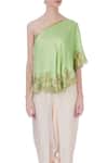 Maison Blu_Green Embroidered Asymmetric One Shoulder Top And Dhoti Pant Set_at_Aza_Fashions