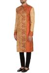 Buy_Sharbari Studio_Beige And Orange Tussar Silk Embroidered Angrakha Kurta Set_Online_at_Aza_Fashions