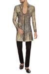 Buy_Sharbari Studio_Grey Bengal Silk Hand Painted Sherwani Set_at_Aza_Fashions