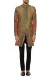 Shop_Sharbari Studio_Green And Rust Cotton Embroidered Bandhgala Jacket Set_Online_at_Aza_Fashions