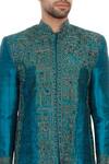 Sharbari Studio_Blue Raw Silk Embroidered Sherwani Set_at_Aza_Fashions