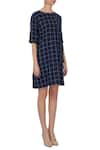 Chambray & Co._Blue Linen Printed Checks Round Chequered Dress For Women_Online_at_Aza_Fashions