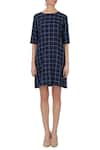 Shop_Chambray & Co._Blue Linen Printed Checks Round Chequered Dress For Women_Online_at_Aza_Fashions