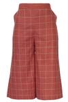 Shop_Chambray & Co._Coral Linen Embroidered Checks Chequered Cullottes For Women_at_Aza_Fashions