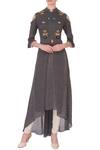 Buy_Desert Shine by Sulochana Jangir_Grey Mandarin Collar Linen Silk Cold Shoulder Kurta For Women_at_Aza_Fashions